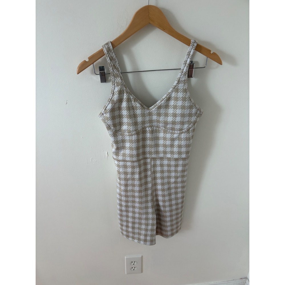 Beach Riot Sport Tan White Houndstooth Unitard Activewear Romper Size M USA